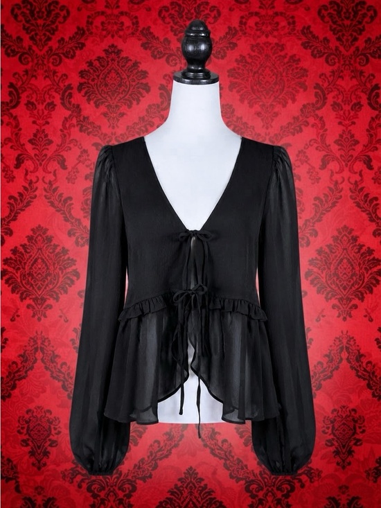 Dolls Kill Tops - Dolls Kill Current Mood Peasant Top Black Sheer Double Tie Front Peplum Goth L